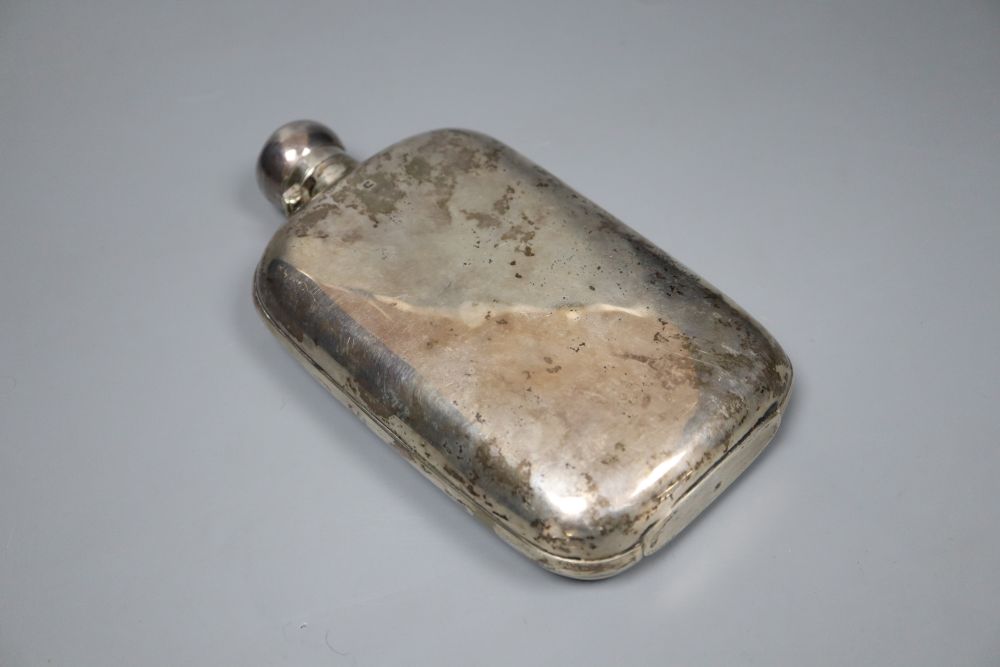 A late Victorian silver hip flask, James Dixon & Sons, Sheffield, 1895, 17cm, 5.5 oz.